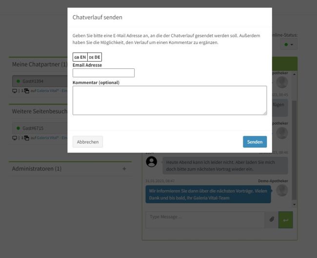 Screenshot vom Live-Chat per Email